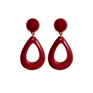 Vintage dark red resin teardrop earrings with silver needle studs and hollow design