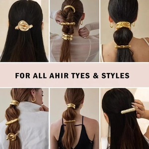 Six different hairstyles demonstrating metal spring hair clips and ties in gold finish