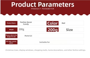 Detailed specs of red and white glitter Christmas candy ornaments made of PVC material