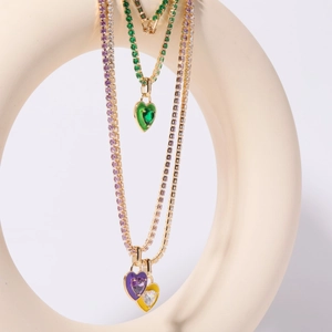 Tennis chain necklace with heart pendant and colorful cubic zirconia in gold plating