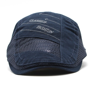 Detail view of breathable navy mesh beret with Classics Fashion embroidery