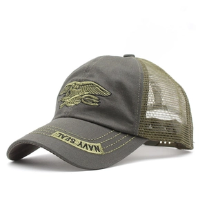 Detail of army green camo trucker hat with Navy Seal trident embroidery and mesh back