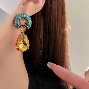Vintage drop earrings with blue crystals, amber rhinestones, and yellow faceted drops