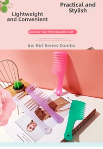 Set of four colorful wide-tooth combs for curly hair shown in a lifestyle setting