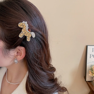 Detail of a sparkling rhinestone dog hair clip worn by a model in a warm elegant setting