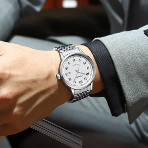 Business automatic mechanical watch with silver stainless steel band and white dial