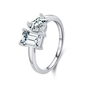 S925 silver ring featuring heart and emerald cut stones in a minimalist vintage style