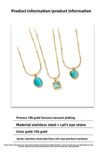 Detailed spec sheet showing 18K gold plated stainless steel necklaces with blue opal