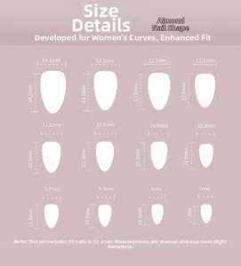 Size chart showing 12 sizes of almond false nails ranging from 7mm to 14.1mm width