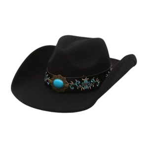 Classic black felt cowboy hat with ethnic floral embroidery and turquoise stone accent