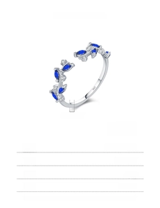 Detailed view of S925 silver leaf ring with blue zircon and clear stones weighing 1.15g