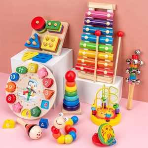 Multifunctional wooden educational toy set with xylophone, shape clock, and bead maze for kids