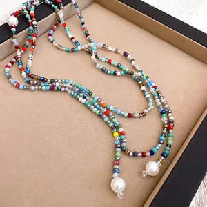 Colorful Bohemian beaded long necklace featuring multi-colored crystal glass and large pearls