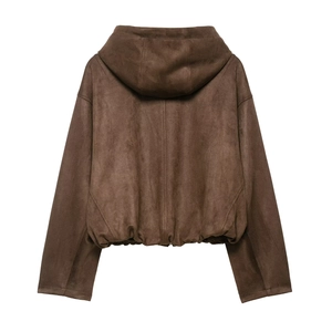 Macro shot of brown suede hooded jacket back view showing velvet texture and elastic hem