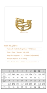 Detailed size chart and material specs for S925 sterling silver adjustable zircon ring