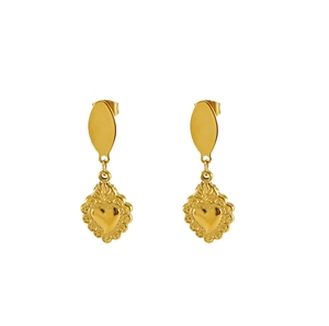 Detail shot of vintage gold heart earrings with ornate borders and polished finish
