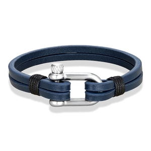 Bracciale da uomo in pelle blu a doppio strato con chiusura a U in acciaio argento