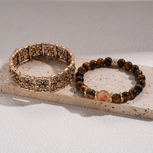 Vintage gold engraved cuff and tiger eye beaded stretch bracelet set for women