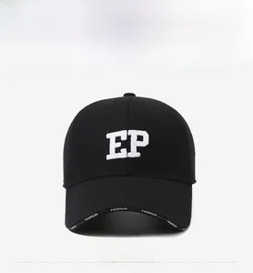 Front view of black wool baseball cap featuring white EP letter embroidery and fashion text