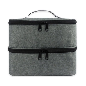 Gray double-layer nail polish storage bag with black top handle and dual zippers