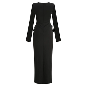 Elegant black long sleeve square neck dress with open back and side drawstring detail