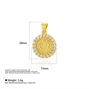 Detail view of gold-plated geometric oval pendant with white zircon inlays and dimensions
