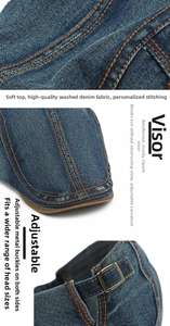Detail of washed denim flat cap showing orange stitching and metal side buckles