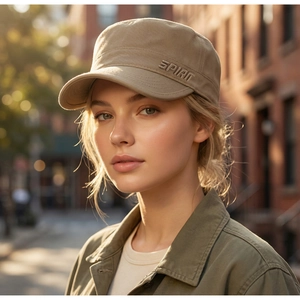 Détail de la broderie Spirit sur une casquette en coton kaki portée par un mannequin femme