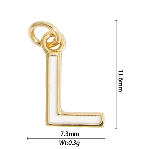 Detail of gold letter L pendant with white enamel featuring size 11.6mm and weight 0.3g