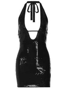 Mini robe noire sexy à paillettes avec col en V profond, dos nu et design licou élégant