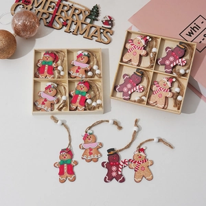 Christmas Gingerbread Man Hanging Pendants Wooden Painted With Jute Rope Beads Tree Decoration Ornaments Home Holiday Cartoon