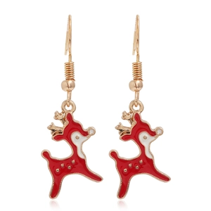 Detail of red and gold Christmas reindeer earrings with smooth enamel finish