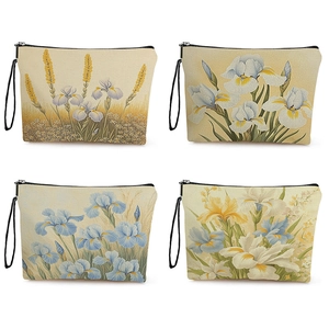 Makeup Bag Iris Floral Print Linen Cosmetic Pouch With Zipper And Wristlet Strap Multifunctional Travel Storage For Women