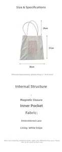 Detailed view of the lace canvas tote showing magnetic buckle and inner pocket specs