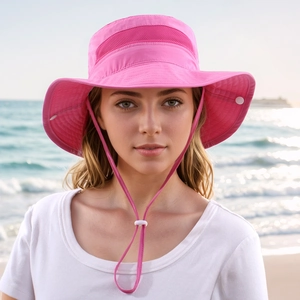 Close-up of rose pink sun hat featuring breathable mesh top and adjustable chin strap