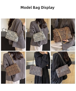 Detail shots of leopard print chain shoulder bag styled with various outfits in a grid