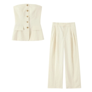 Haut Sans Bretelles Avec Boutons Et Pantalon Large Taille Haute Chic Décontracté Crème Polyester Effet Lin