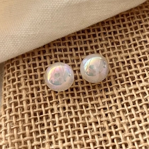 Round Iridescent Shell Artificial Pearl Ball Stud Earrings With 925 Sterling Silver Earring Post Minimalist Elegant Jewelry For Women