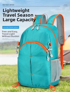 Detail of a foldable lightweight hiking backpack with breathable mesh and tear-resistant fabric