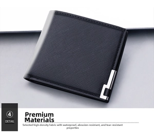 Nahaufnahme der schwarzen Brieftasche mit hoher Dichte, silbernem Detail und wasserfester Textur