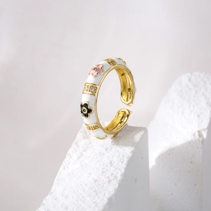 Bohemian adjustable 18K gold plated ring with white enamel and colorful flowers