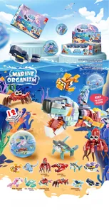Detailed grid showing 12 ocean animal mini building block figures including shark and octopus