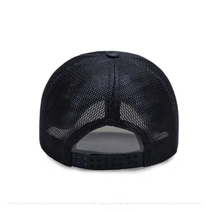 Rear view of black mesh baseball cap showing breathable holes and adjustable snapback strap