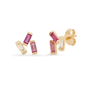 Detail of S925 silver fish earrings with marquise-cut pink and clear crystals in gold plating