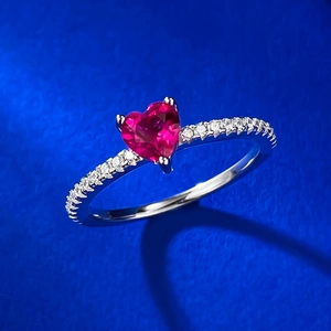 925 Sterling Silver Heart Ring Synthetic Ruby High Carbon Rhinestone Inlaid Elegant Dating Party Jewelry For Women