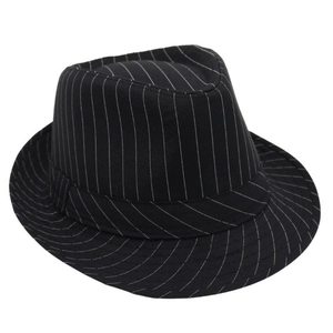 Detail of a black striped fedora hat featuring classic teardrop crown and matching band