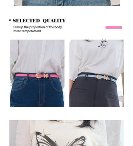 Detail of sweet butterfly buckle belts in pink and blue with gold metal hardware
