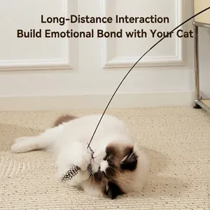 Extra long fishing rod cat wand with natural feathers and bell for interactive play