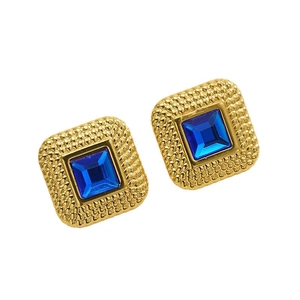 Gold square stud earrings with blue gemstone and textured lattice pattern on white background