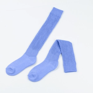 Detail of lilac purple knitted slouch socks showing thick texture and long ribbed style